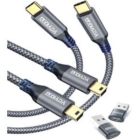 AkoaDa 2 Pack Mini B to USB C Cable 10ft, USB C to Mini USB Cable Charging Cord for GoPro Hero 3+, PS3 Controller, MP3 Player, Yeti Microphone, Digital Camera, GPS Receiver, PDAs and More