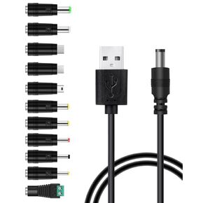 USB to DC 5V Power Cord,Universal DC 5.5x2.1 mm Plug Jack Charging Cable with 11 Interchangeable Connector Tips(7 DC Tips, 3 USB Tips, 1 LED Terminal Connector) 5 Ft