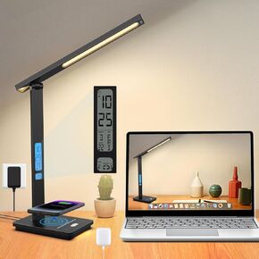 مصباح مكتب LED، مصابيح مكتبية للمكتب المنزلي مع شاحن لاسلكي ومنفذ شحن USB واحد، 5 أوضاع إضاءة، مصباح مكتب بشاشة عرض ذكية، مؤقت 45 دقيقة، تحكم باللمس، ضوء طاولة للعناية بالعين، مصباح مكتبي أسود