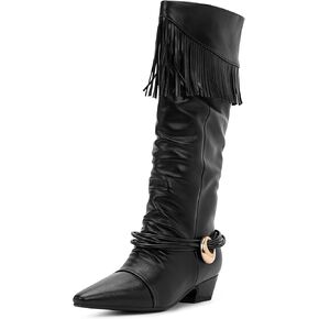 Women's Cowboy Cowgirl Fringe Mid Calf Boots Chunky Heel Tassel Western Boots