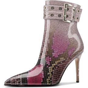 Aachcol Womens Pointed Toe Stiletto Heel Buckle Ankle Boots Patent Leather High Heel Mid Calf Zipper 4 Inches Heels Booties