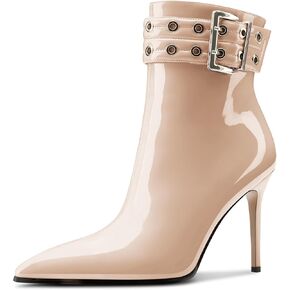Aachcol Womens Pointed Toe Stiletto Heel Buckle Ankle Boots Patent Leather High Heel Mid Calf Zipper 4 Inches Heels Booties