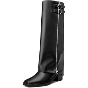 TNYNFBEB Womens Chunky Block Mid Heel Square Toe Knee High Boots Zipper Prom Party Dress Winter 2.6 Inches Heels
