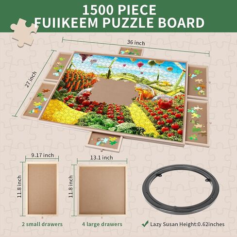 MOCOWAY 1500 Piece Wooden Puzzle Table Rotating Puzzle Board with 6 Drawers and Cover Portable Spinning Jigsaw Puzzle Board Holiday Birthday Gift for Boys Girls Friends Family, 36.6" x28.2.1" in Saudi Arabia
