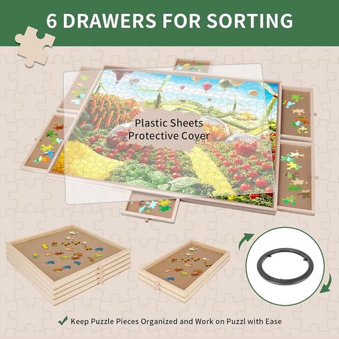 MOCOWAY 1500 Piece Wooden Puzzle Table Rotating Puzzle Board with 6 Drawers and Cover Portable Spinning Jigsaw Puzzle Board Holiday Birthday Gift for Boys Girls Friends Family, 36.6" x28.2.1" in Saudi Arabia