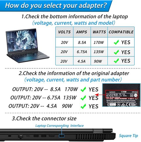 VHBW Replacement for Lenovo 170W Charger Power Adapter Compatible with Lenovo ThinkPad P50 P51 P52 P53 P70 P71 P73 W540 W541 T460p T540p Legion 5 5P S7 Y530 Y540 Y720, ADL170SCC3A ADL170NLC2A in Saudi Arabia