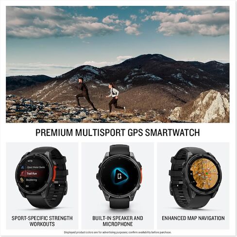 Garmin fēnix® 8 – 47 ملم، AMOLED، ساعة ذكية Premium Multisport GPS، عمر بطارية طويل الأمد، تصنيف الغوص، مصباح يدوي LED مدمج، رمادي داكن مع حزام أسود in Kuwait