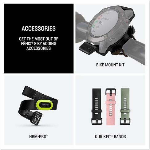 Garmin fēnix® 8 – 47 ملم، AMOLED، ساعة ذكية Premium Multisport GPS، عمر بطارية طويل الأمد، تصنيف الغوص، مصباح يدوي LED مدمج، رمادي داكن مع حزام أسود in Kuwait