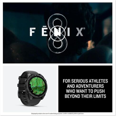 Garmin fēnix® 8 – 47 ملم، AMOLED، ساعة ذكية Premium Multisport GPS، عمر بطارية طويل الأمد، تصنيف الغوص، مصباح يدوي LED مدمج، رمادي داكن مع حزام أسود in Kuwait