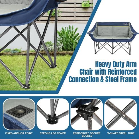 Oversized Double Camping Chair for Adults, Fully Padded Folding Camping Chairs Loveseat, Big Heavy Duty Outdoor Patio Lawn Chair with Arm Cup Holder in Saudi Arabia