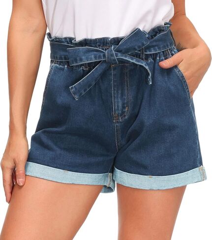 GRACE KARIN Women's High Waisted Denim Shorts Mid Length Jean Shorts with A Self-tie Belt Denim Blue S in Saudi Arabia