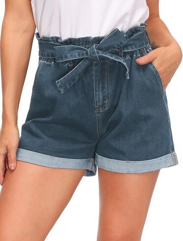 GRACE KARIN Women's High Waisted Denim Shorts Mid Length Jean Shorts with A Self-tie Belt Denim Blue S in Saudi Arabia