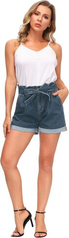 GRACE KARIN Women's High Waisted Denim Shorts Mid Length Jean Shorts with A Self-tie Belt Denim Blue S in Saudi Arabia