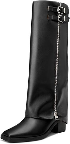 TNYNFBEB Womens Chunky Block Mid Heel Square Toe Knee High Boots Zipper Prom Party Dress Winter 2.6 Inches Heels in Saudi Arabia