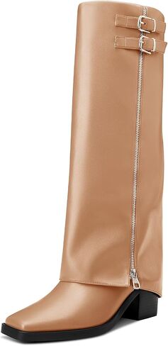 TNYNFBEB Womens Chunky Block Mid Heel Square Toe Knee High Boots Zipper Prom Party Dress Winter 2.6 Inches Heels in Saudi Arabia