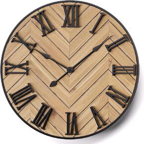 Large Wall Clock 24" Round - Silent Metal & Wood Large Clock - Farmhouse Wall Clock Large - 24 Inch Wall Clock For Living Room Decor - Big Wall Clock Roman Numerals - Wall Clocks For Living Room Decor