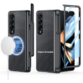 for Samsung Galaxy Z-Fold-4 Case, Support All Magsafe Accessories, Leather Back, Generic Stylus Include & Removable S Pen Holder, Hinge Protection, Screen Protector Cover 5G - Carbon Fiber
