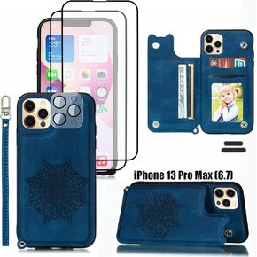 LMDAMZ for iPhone 13 Pro Max 6.7 Inch Wallet Case with Card Holder, Mandala Embossed Faux PU Leather with Wrist Strap Double Magnetic Clasp Case Flip Back Wallet Case with Stand Function (Blue)