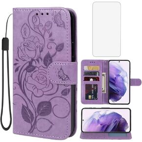 Case for Galaxy S21 Plus 5G Case, Samsung S21+ SM-G996U Wallet Case with Tempered Glass Screen Protector, Flower Leather Flip Credit Card Holder Stand Phone Cover for Samsung Galaxy S21+ Red