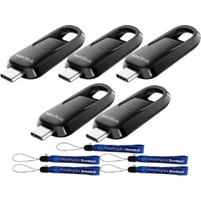 SanDisk 5 Pack Ultra Slider USB Type-C 128GB Bulk Retractable USB Flash Drive for Photo and Video Storage Up to 400MB/s Read Speed (SDCZ480-128G-G46) Bundle with (5) Everything But Stromboli Lanyards