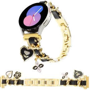 Stylish Metal Band Compatible with Samsung Galaxy Watch 7/FE/6/5/4 40mm 44mm,Watch 6/4 Classic,Galaxy Watch 5 Pro,Watch 3,Active 2,Gold Cuban Chain with Unique Charms Pendants Women 20mm