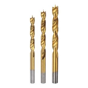 HARFINGTON Brad Point Drill Bit Set 6/8/10mm Dia Straight Round Shank Drill Metric Brad Point Spiral Twist Drill Bits for Carpenter Woodworking Plastic Rubber, Golden 3in1 Set