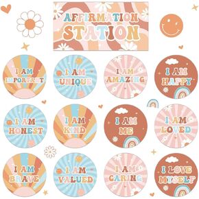 BOHO Affirmation Station Bulletin Board Set Rainbow Positive Bulletin Board for Classroom Mirror Growth Mindset Decoration Inspirational Motivational Accent Cutouts for Home School Teacher Wall Supply