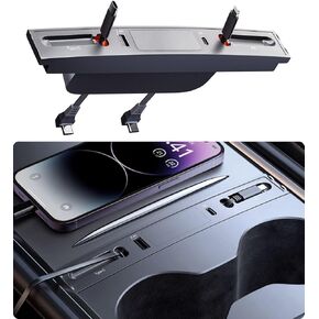 Retractable USB Hub for 2021-2024 Tesla Model Y & 2021-2023 Model 3 Center Console with Fast Charging and Built-in Charging Cables, Accessories for Tesla Model 3 and Model Y 2024 2023