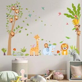 AnFigure Jungle Animal Wall Stickers Giraffe Elephant Lion Wall Decals Forest Monkey Tree Wall Stickers for Kids Girls Boy Baby Room Nursery Daycare Bedroom Kindergarten Wall Decor