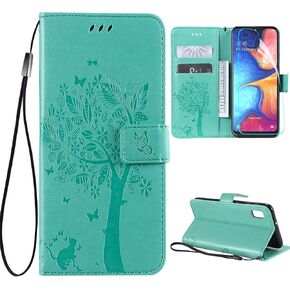 حافظة حماية للشاشة لهاتف سامسونج جالاكسي A10e، حافظة واقية من جلد البولي يوريثان لهاتف جالاكسي A10e مزخرفة بشجرة الحب والقطط وحامل بطاقات مغناطيسية بمسند فليب لهاتف سامسونج جالاكسي A10e بنفسجي فاتح in Kuwait