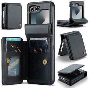 HAII for Samsung Galaxy Z Flip 6 Case, Women Men with RFID Blocking Hinge Protector Pu Leather Magnetic Closure Card Holder and Shockproof TPU (Black)