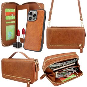 Harryshell Compatible with iPhone 15 Pro Max Case Wallet Multi Zipper Detachable Phone Cover Purse with Card Slots Mirror Crossbody Chain Wrist Strap 6.7 inch 2023 (Brown)