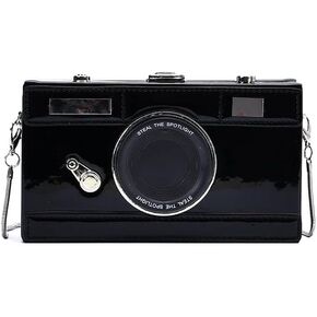 Vintage Camera Shoulder Bag PU Camera Shaped Snapshot Casual Cross Body Wallet Women's Evening Bags (Black)