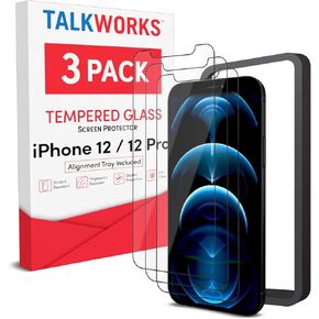 TALK WORKS Premium Tempered Glass Screen Protector for iPhone 12/12 Pro, IPhone 13/13 Pro, IPhone 14 - Includes Installation Tray, Anti-Glare, Crack Proof, Ultra Thin (Pack of 3)