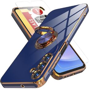 Samsung Galaxy A15 5G Case, Plated Gold Edge Soft TPU Slim Fit Cellular Phone Case, Purple, with Tempered Glass Screen Protector & Ring Magnetic Kickstand