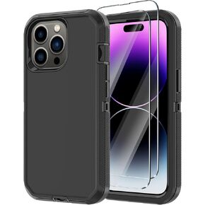 حافظة Annymall لهاتف iPhone 14 Pro مع واقي شاشة، هيكل كامل مقاوم للصدمات وحماية من السقوط والغبار وشديد التحمل من 3 طبقات غطاء متين من الدرجة العسكرية لهاتف Apple iPhone 14 Pro 6.1 بوصة (أسود)