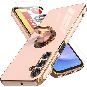 Samsung Galaxy A15 5G Case, Plated Gold Edge Soft TPU Slim Fit Cellular Phone Case, Purple, with Tempered Glass Screen Protector & Ring Magnetic Kickstand in Saudi Arabia