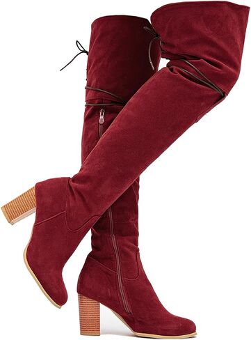 getmorebeauty Women's Over The Knee Thigh High Chunky Heel Boots Side Zipper Suede Lace-up Long Stretch Sexy Winter Boots Shoes in Kuwait