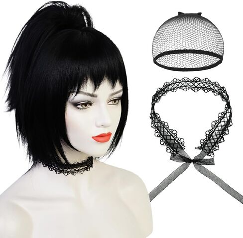 Black Wig with Bun for Women, 17.7 Inch Medium Long Straight Black Bride Goth Wig with Bangs Bun + Wig Cap for Halloween Costume Party Cosplay in Saudi Arabia