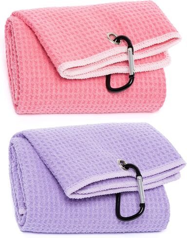 HYYPME 2 Pack Tri-fold Golf Towel Set, Microfiber Fabric Waffle Pattern Towels, Outdoor Sport Towels Heavy Duty Carabiner Clip (2 Pcs) (Pink+Turquoise Blue) in Saudi Arabia