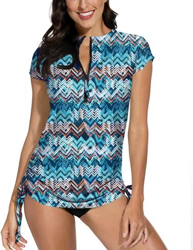 قميص سباحة نسائي رياضي برباط جانبي وأكمام قصيرة أمامي نصف سحاب متواضع لركوب الأمواج طفح الحرس كورال M in Kuwait