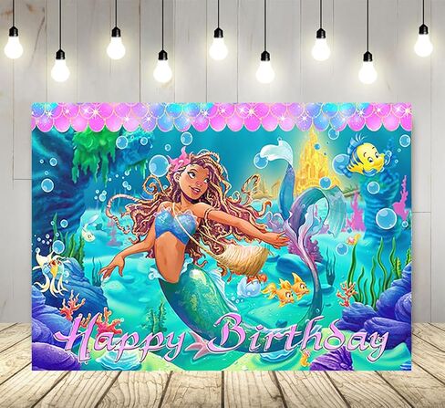 حورية البحر الصغيرة 2023 خلفية لمستلزمات حفلات أعياد الميلاد مقاس 5 × 3 أقدام كارتون أسود آرييل موضوع لافتة استحمام للأطفال لتزيين طاولة الكيك وحفلات أعياد الميلاد in Kuwait