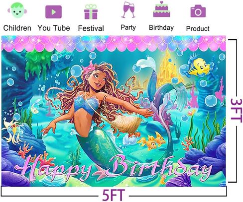 حورية البحر الصغيرة 2023 خلفية لمستلزمات حفلات أعياد الميلاد مقاس 5 × 3 أقدام كارتون أسود آرييل موضوع لافتة استحمام للأطفال لتزيين طاولة الكيك وحفلات أعياد الميلاد in Kuwait