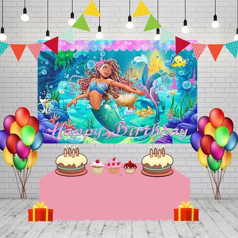 حورية البحر الصغيرة 2023 خلفية لمستلزمات حفلات أعياد الميلاد مقاس 5 × 3 أقدام كارتون أسود آرييل موضوع لافتة استحمام للأطفال لتزيين طاولة الكيك وحفلات أعياد الميلاد in Kuwait