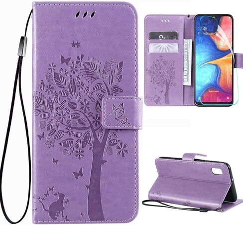 for Samsung Galaxy A10e Wallet Case Screen Protector,Galaxy A10e PU Leather Protective Case Emboss Love Tree Cat Folio Magnetic Card Holder Kickstand Flip Case for Samsung Galaxy A10e Light Purple in Saudi Arabia