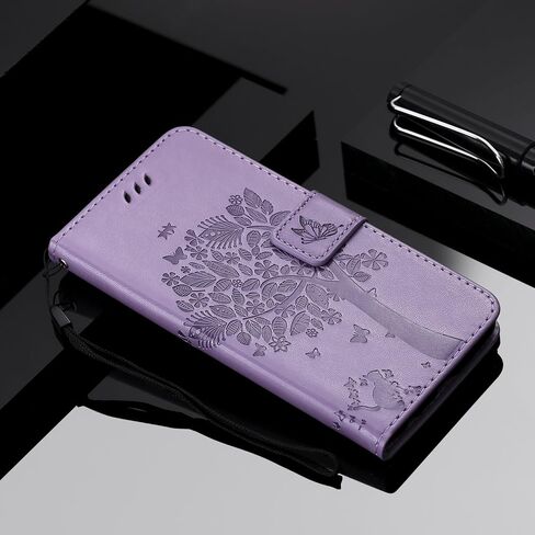 for Samsung Galaxy A10e Wallet Case Screen Protector,Galaxy A10e PU Leather Protective Case Emboss Love Tree Cat Folio Magnetic Card Holder Kickstand Flip Case for Samsung Galaxy A10e Light Purple in Saudi Arabia