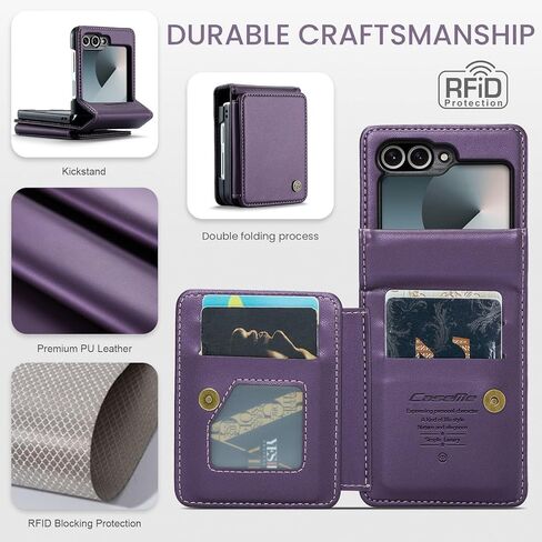 HAII for Samsung Galaxy Z Flip 6 Case, Women Men with RFID Blocking Hinge Protector Pu Leather Magnetic Closure Card Holder and Shockproof TPU (Black) in Kuwait