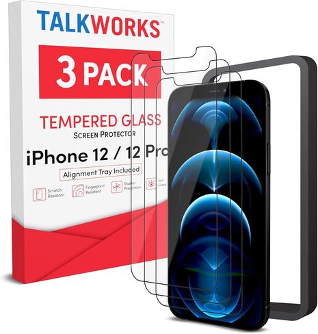 واقي شاشة من الزجاج المقوى الفاخر من TALK WORKS لهاتف iPhone 12/12 Pro وIPhone 13/13 Pro وIPhone 14 - يتضمن صينية التثبيت، مضاد للوهج، مقاوم للتشقق، رفيع للغاية (عبوة من 3 قطع) in Saudi Arabia