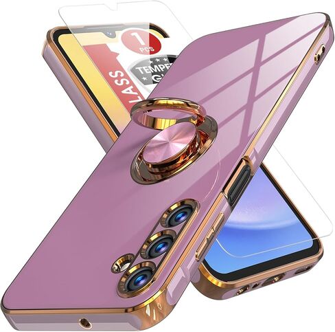 Samsung Galaxy A15 5G Case, Plated Gold Edge Soft TPU Slim Fit Cellular Phone Case, Purple, with Tempered Glass Screen Protector & Ring Magnetic Kickstand in Saudi Arabia