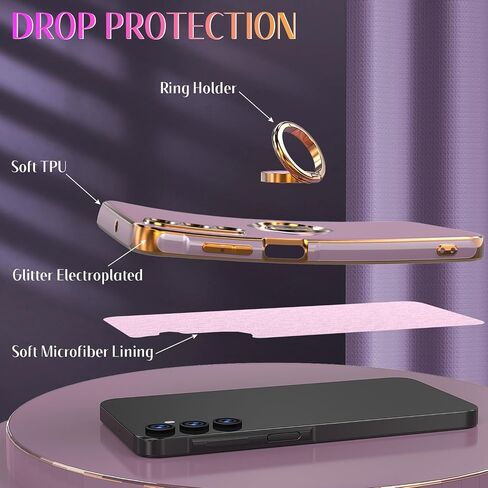 Samsung Galaxy A15 5G Case, Plated Gold Edge Soft TPU Slim Fit Cellular Phone Case, Purple, with Tempered Glass Screen Protector & Ring Magnetic Kickstand in Saudi Arabia